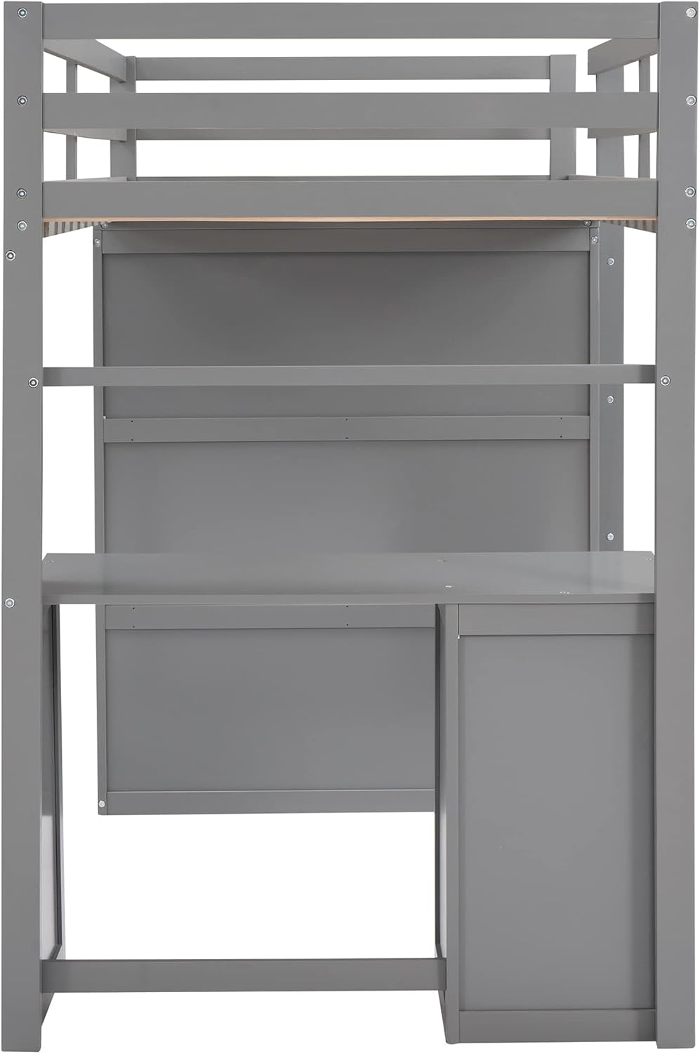 Gray Twin Loft Bed with Desk, 3 Drawers, and Wardrobe - Multi-Functional Wooden Twin Loft Bed Frame for Kids, Teens, Adults. Maximize Space and Storage in Your Bedroom.