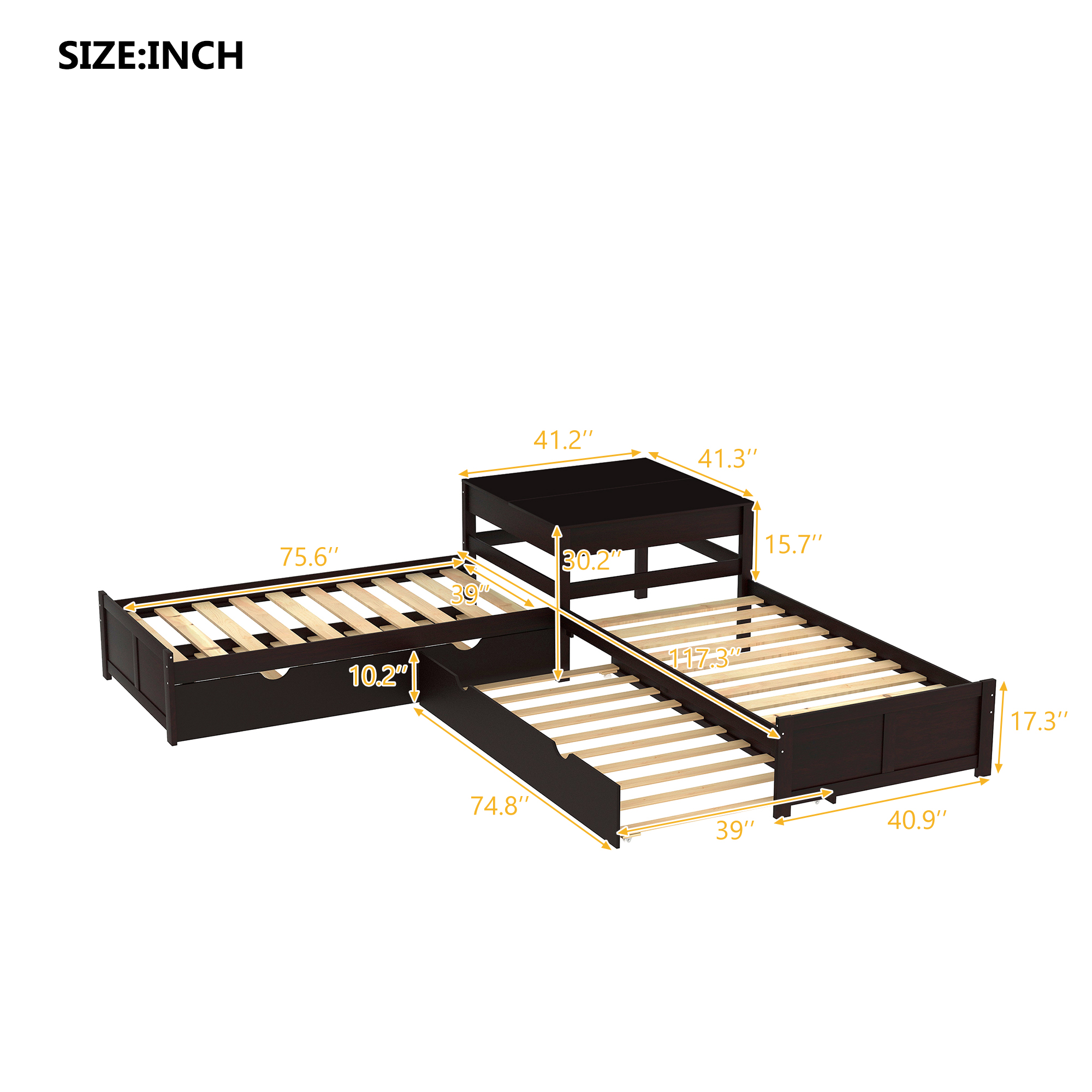 L Shaped Platform Bed with Two Trundles, Wooden Twin Corner Bed with Built-in Square Table for Kids Teens Adults