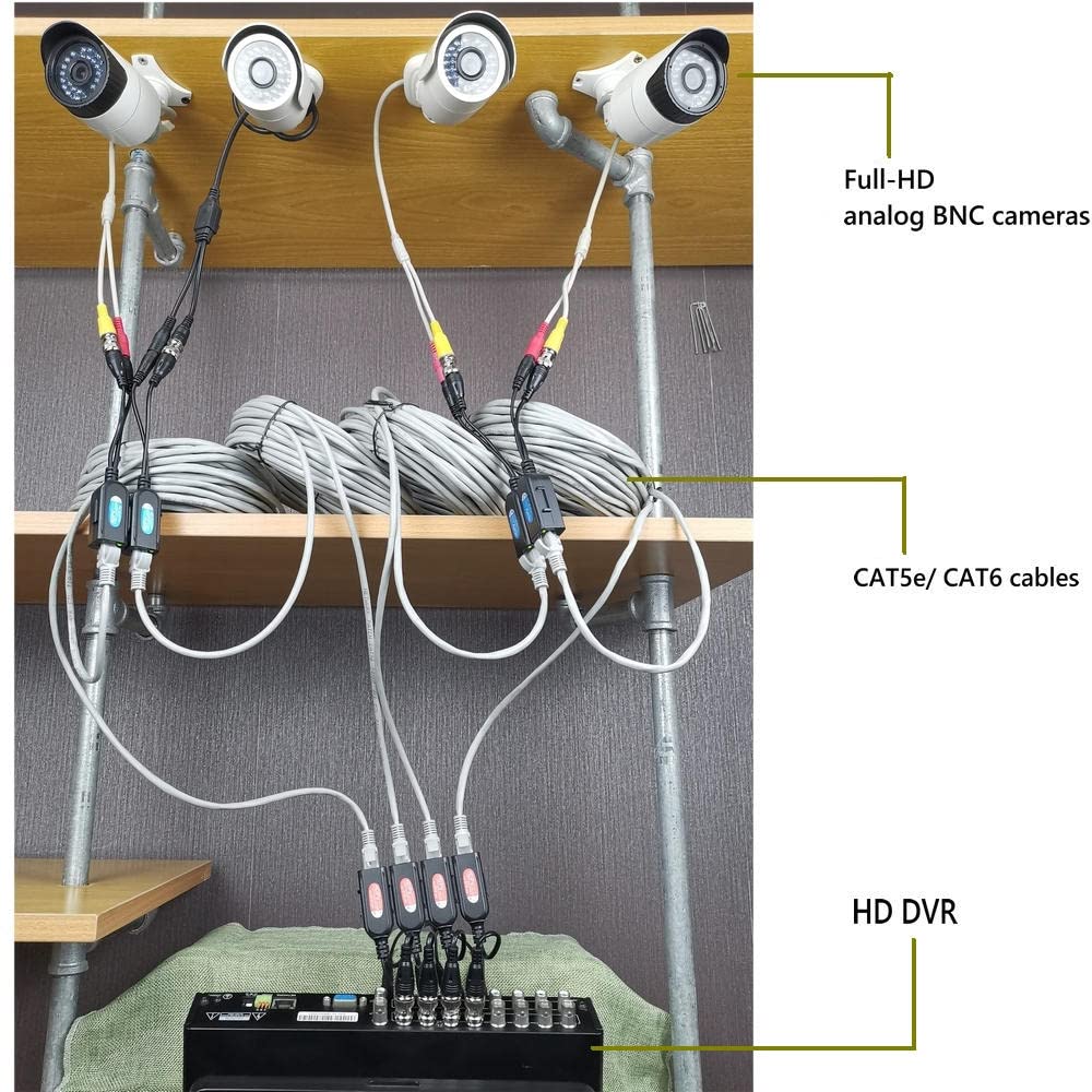 4 Pair Passive Video Balun BNC to RJ45 Adapter with Power 1080P-8MP Analog Camera Network Transceiver Cat5e/Cat6 to BNC Connector - Compact