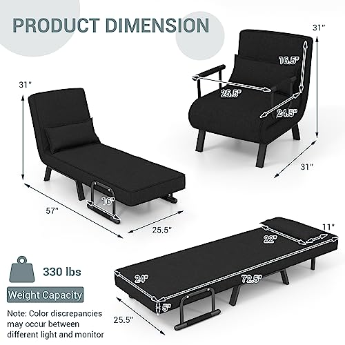 KOMFOTT Convertible Sleeper Chair Bed, 4-in-1 Folding Sofa Bed with 6-Position Adjustable Backrest, Upholstered Chaise Lounge with Removable Pillow, Leisure Recliner Lounge Couch for Home Office
