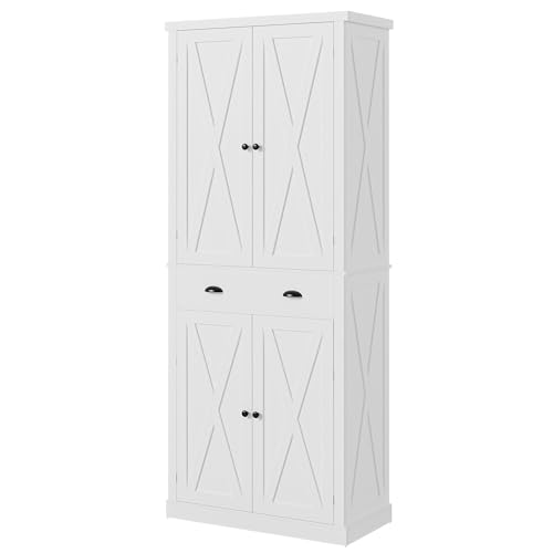 IRONCK Kitchen Pantry Storage Cabinet 72.6" H, with Barn Doors, Drawer, 4 Adjustable Shelves, Freestanding Cupboard for Dining Room Living Room, Laundry, White