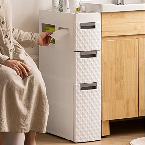 Small Bathroom Storage Cabinet with Moveable Drawers Slim Storage Tower with Wheels Drawer Cart Storage Tower Furniture Narrow Storage Drawer Cart Unit for Bedroom Hallway Closet Office Organization