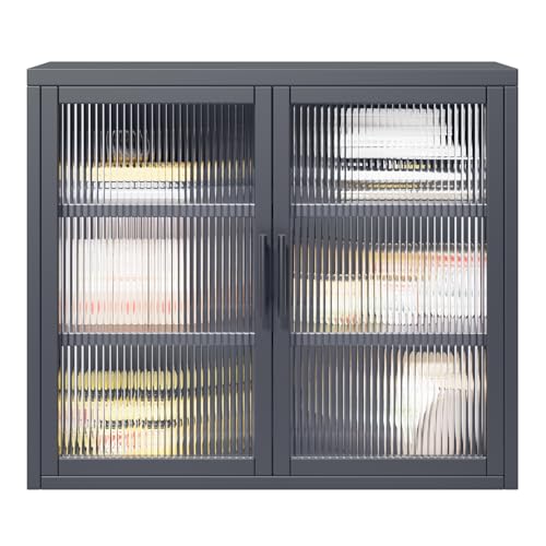 Retro Style Haze Double Glass Door Wall Cabinet with Detachable Shelves for Office, Dining Room,Living Room, Kitchen and Bathroom White