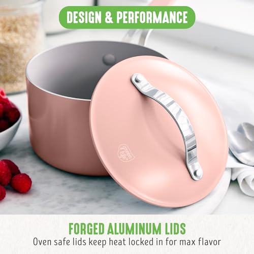 GreenLife Dream 10-Piece Ceramic Nonstick Cookware Set, Pots Frying & Sauce Pans, PFAS-Free & PFOA-Free, Dishwasher & Oven Safe, Stay-Cool Handles, Durable Aluminum Body, Versatile Cooking, Dusty Rose