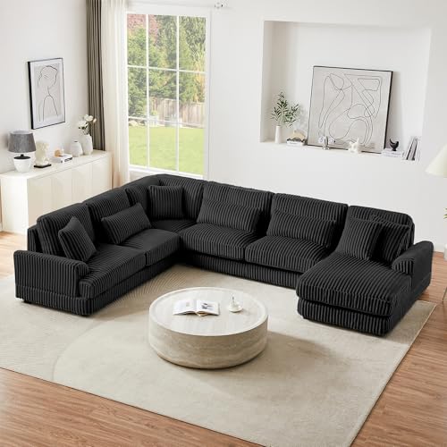Oversized U-Shaped Sectional Sofa Couch Plush Corduroy Upholstered Modular Deep Seat Sofa&Couch Sectional W/Right Facing Chaise Lounge and 7 Toss Pillows for Home Apartment Living Room Furniture Sets
