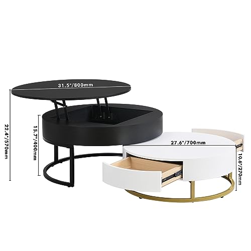 Modern Round Lift-top Nesting Coffee Tables with 2 Drawers for Living Room White & Natural