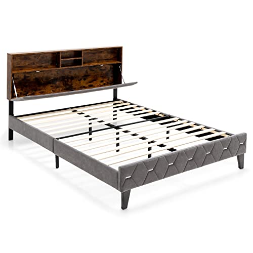 Giantex Queen Size Bed Frame with Storage Headboard, Modern Upholstered Platform Bed w/ 4 Storage Shelves & Hidden Space, Mattress Foundation, 12 Strong Slats Support, No Box Spring Needed