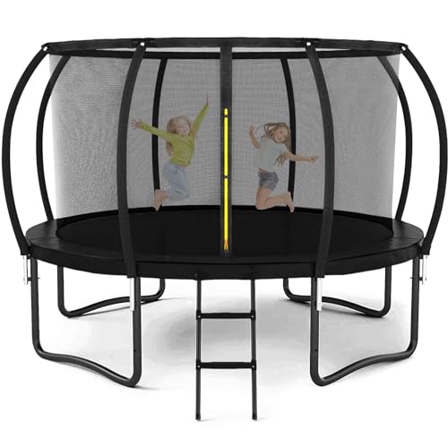 Trampoline 12FT 14FT 15FT 16FT Trampoline for Kids/Adults - Outdoor Recreational Trampolines with Enclosure Net Curved Poles and Ladder, Heavy Duty Trampoline Anti-Rust Coating, ASTM Approval