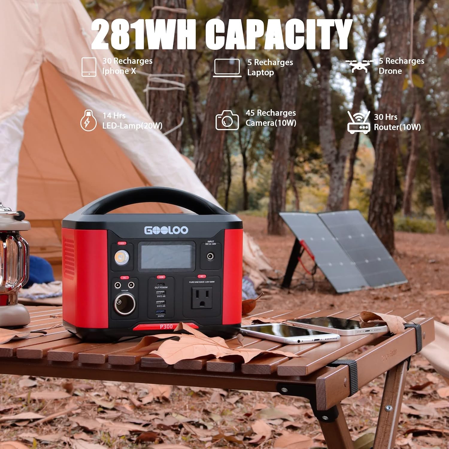 GOOLOO Portable Power Station P600, 626Wh Outdoor Generator with 110V/600W (Peak 1200W) AC Outlets & LED Flashlight, SuperSafe Backup Lithium Battery for Outdoor RV/Van Camping, Emergency