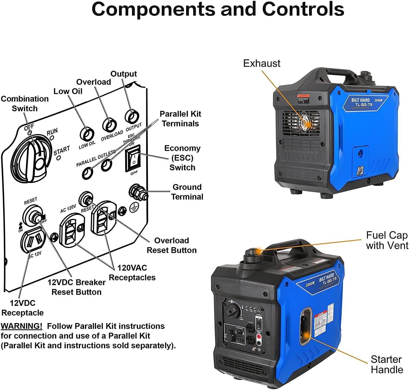 BILT HARD Portable Inverter Generator 2000 Watt, Quiet Outdoor Generator, Gas Powered, for Camping Travel Home Emergency, EPA & CARB Compliant