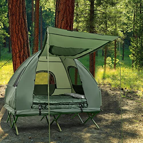 BANGTANE Tent Cot for Camping, All-in-1 Folding Tent Combo w/Air Mattress, 2 Sleeping Bags, Carry Bag & Foot Pump, Off Ground Travel Cot for Hiking, Backpacking, Fishing & Picnic