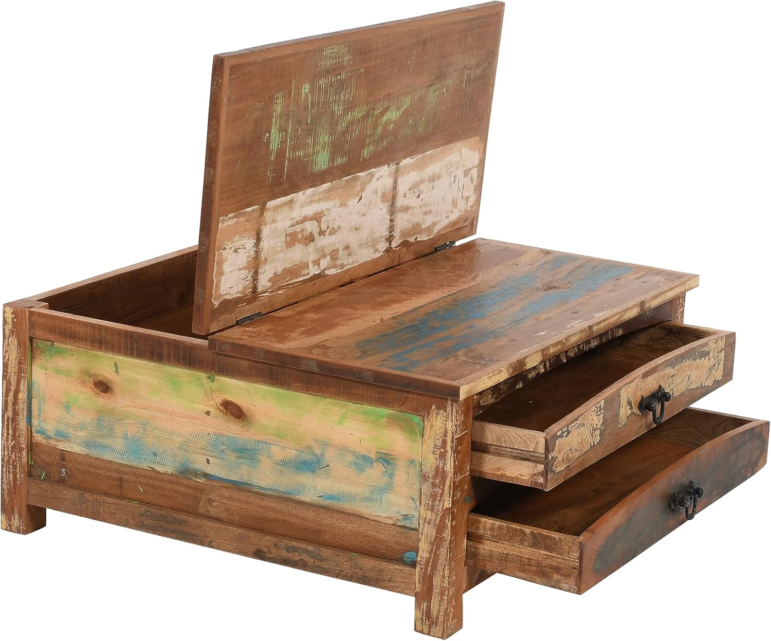 Sundara Furnishings Handcrafted Solid Reclaimed Wood Coffee Table with Two Drawers and Hidden Trunk Storage Rustic Square Center Table for Living Room, Office