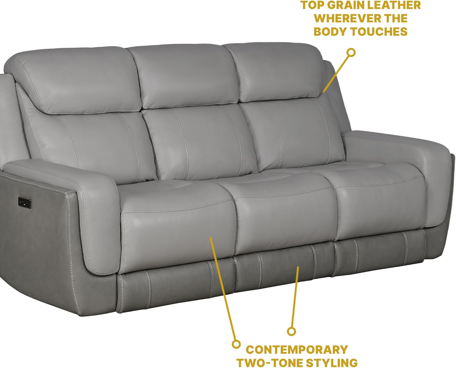 Armen Living Rosalyn Modern Zero Gravity Power Reclining Sofa with Dropdown Console, 87" Wide, Silver and Gray Top Grain Leather