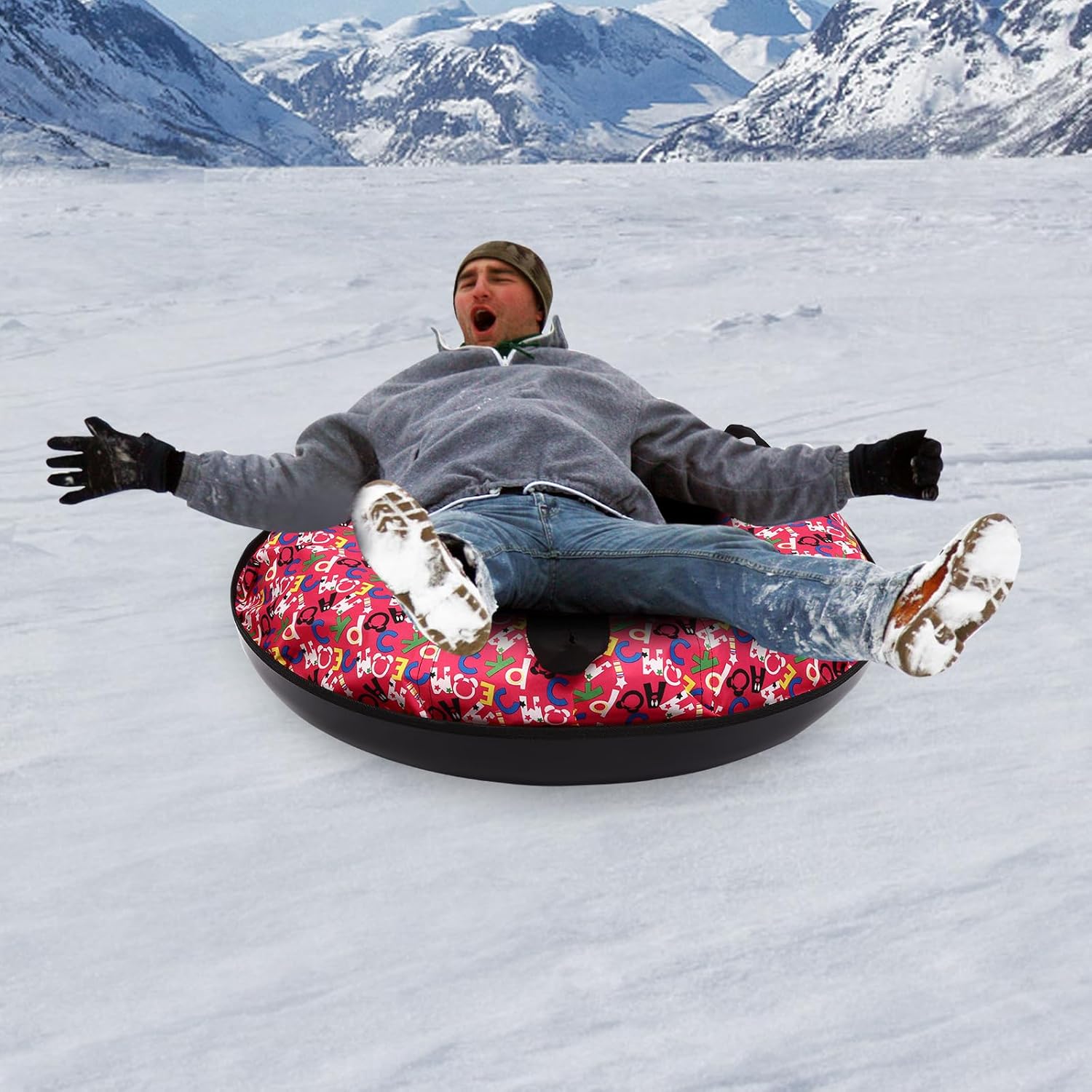 Snow Tube Heavy Duty with a Hard Plastic Bottom,90cm Oxford Cloth Inflatable Sledding Tube, Snow Sleds for Kids and Adult, Inflatable Sled(Include Cushion)