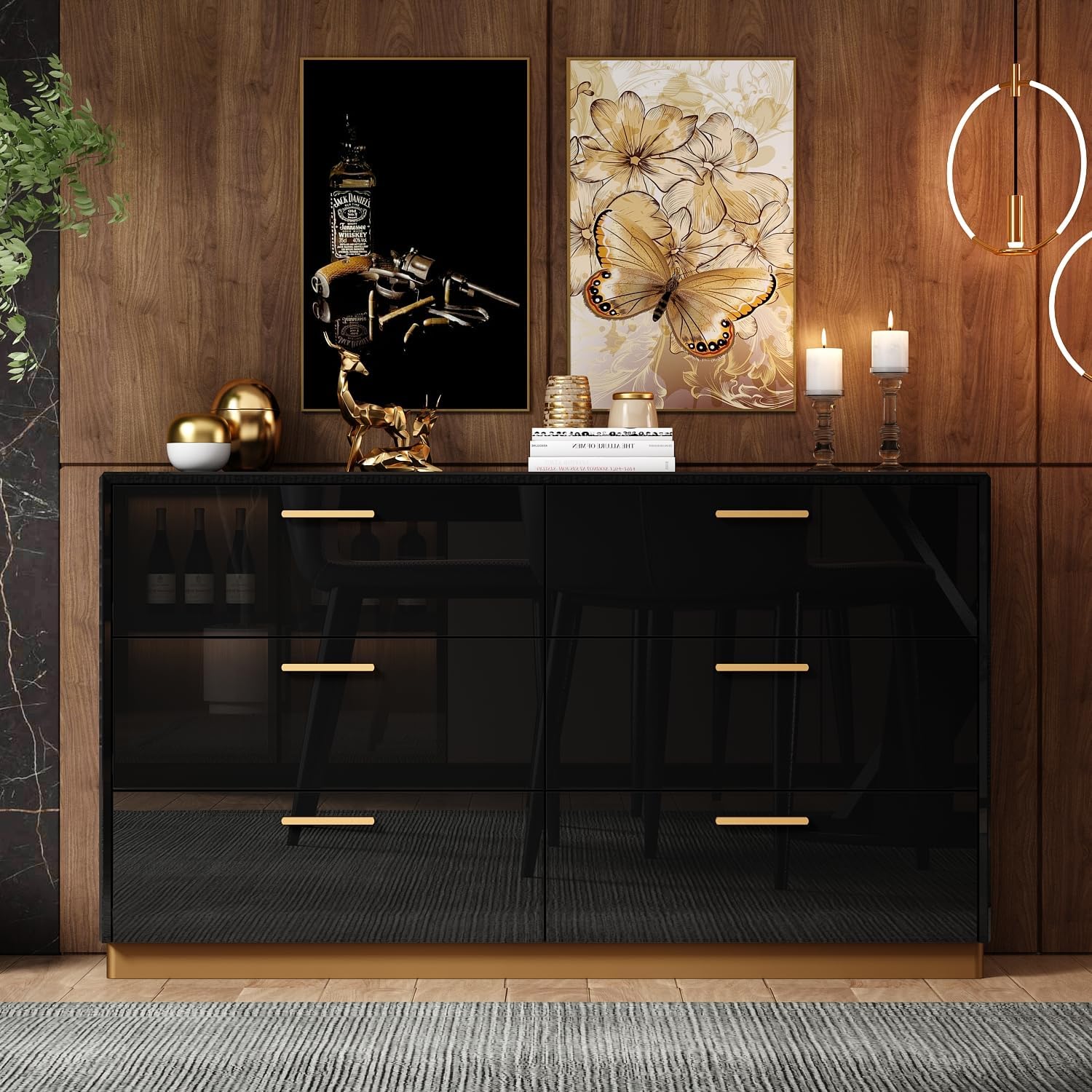 MOUMON High Gloss 6 Drawer Dresser, Modern Contemporary Chest of Drawers with Glossy Finish, Double Dresser with 6 Drawers, Champagne Gold Handles, 15.7”D x 55.1”W x 31.5”H, Black