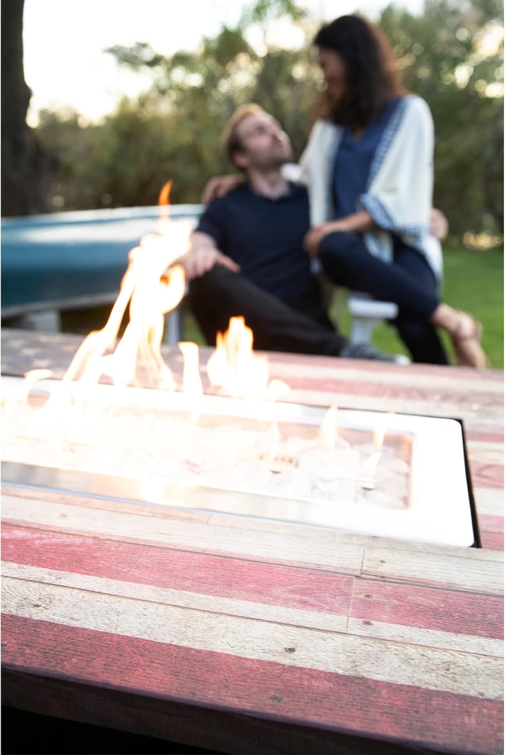 Endless Summer The Americana 40 x 28 Inch Rectangular 40,000 BTU Patio Outdoor LP Gas Fire Pit w/ White Fire Glass, American Flag Mantel, and Cover