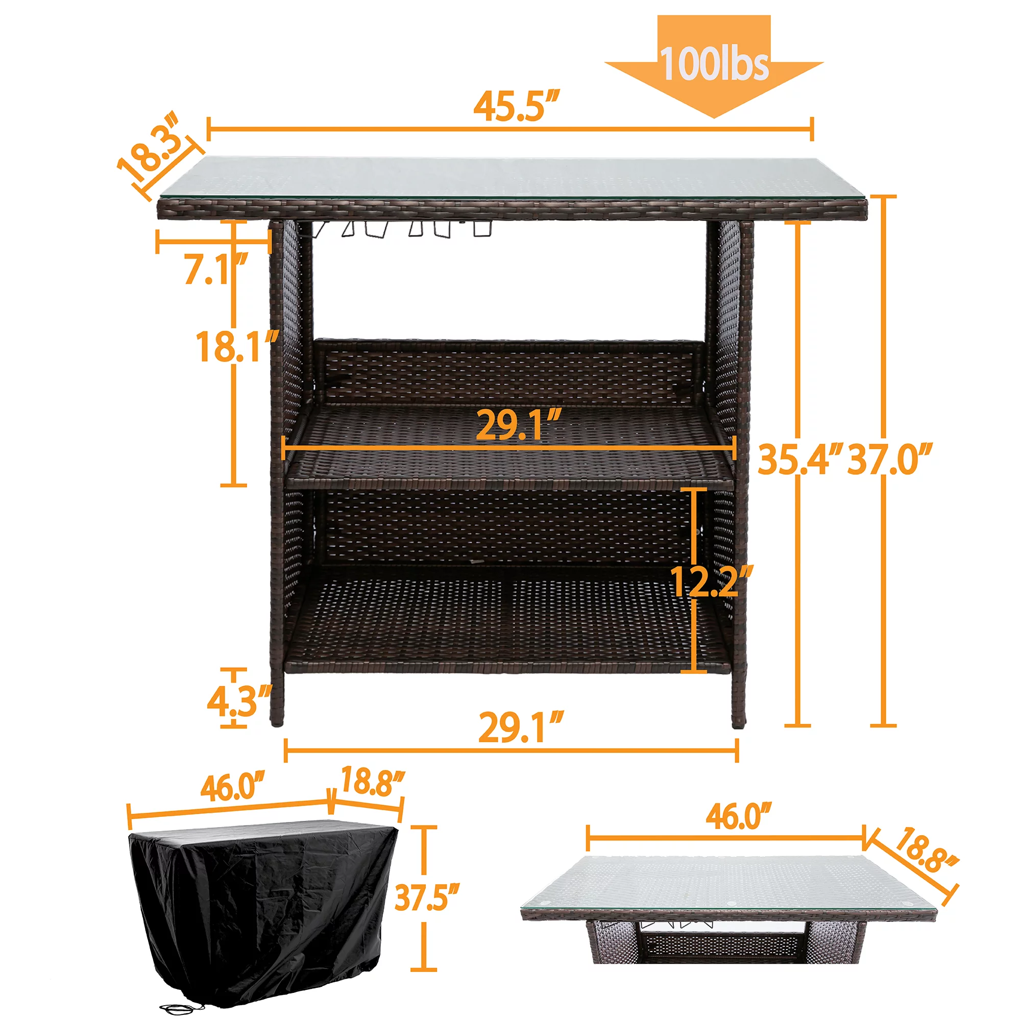 Outdoor Patio Rattan Wicker Bar Counter Table Tempered Glass Tabletop w/ Waterproof Cover,2 Steel Shelves,3 Sets of Rails