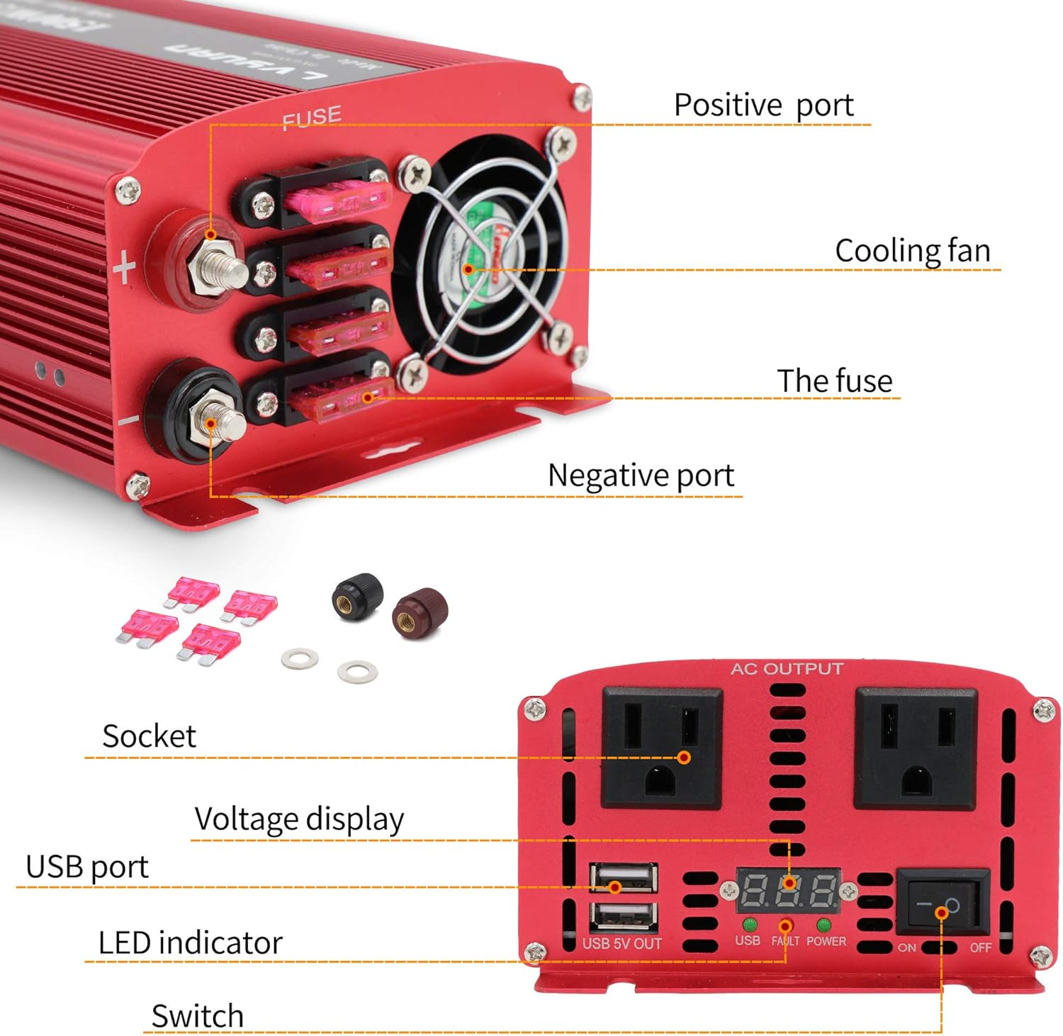 LVYUAN 1500W/3000W Power Inverter Dual AC Outlets and Dual USB Charging Ports DC 24V to 110V AC Car 24V Inverter Converter with Digital Display 4 External 40A Fuses for Blenders, vacuums, Power Tools
