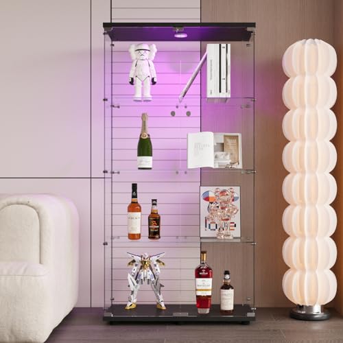 DADEA Glass Display Cabinet, 4 Shelves Glass Cabinet Display Case with Light and Lock, Curio Cabinets Upgraded Quick-Install Style Floor Standing Bookshelf for Bedroom, Living Room (Black)