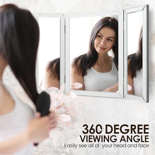 Houseables 3 Way Mirror, Trifold Vanity Mirrors, 21" x 31", 360 Degree View, Tri Fold, Triple Sided, 3way, Table Top, Wall Mount, Standing, Foldable, for Makeup, Braiding Hair, Desk, Bathroom, Bedroom