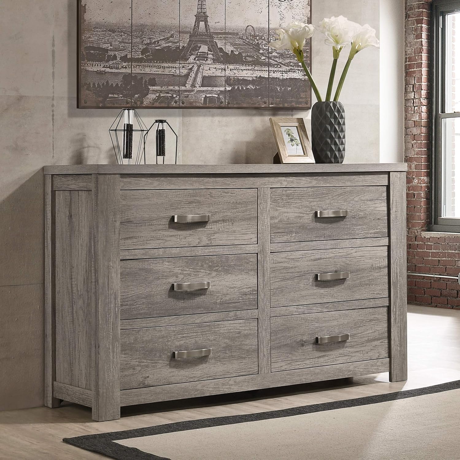 Roundhill Furniture Floren Contemporary Weathered Gray Wood Bedroom Set, Queen Panel Bed, Dresser, Mirror, Nightstand, Chest