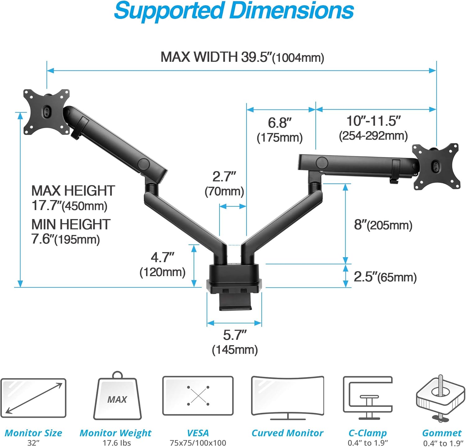 AVLT Laptop and Monitor Arm - Mount 15.6" Notebook and 32" Monitor on 2 Full Motion Adjustable Arms - Organize Your Work Surface with Ergonomic VESA Monitor Mount
