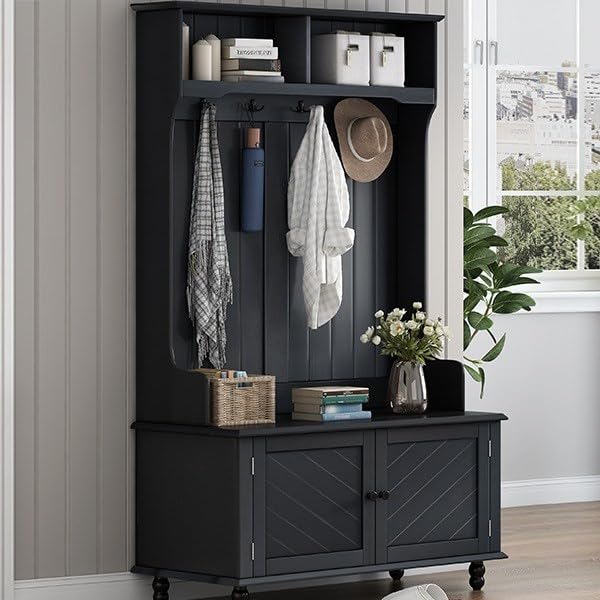 Entryway Hall Tree with Storage Bench, Coat Hooks, and Shoe Organizer, Elegant Coat Rack Mudroom Furniture, White