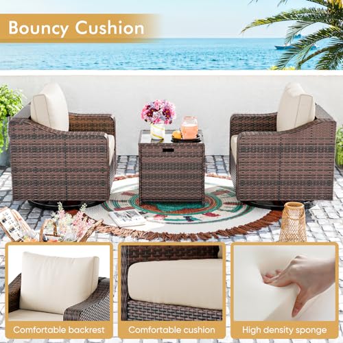 Outdoor Patio Furniture Set,6 Pieces Heavy Duty Wicker Patio Furniture with Fire Pit Table, Larger Seat Soft Cushion, Patio Conversation Set with Swivel Chair for Porch,Deck,Backyard,Grey