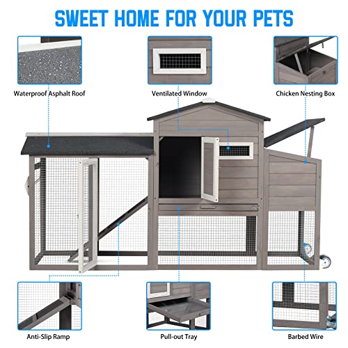 71" Chicken Coop Backyard Hen House Wooden Tractor Poultry House for Indoor Outdoor, with Chicken Nesting Box, Wheels, Waterproof Roof, Pull Out Tray