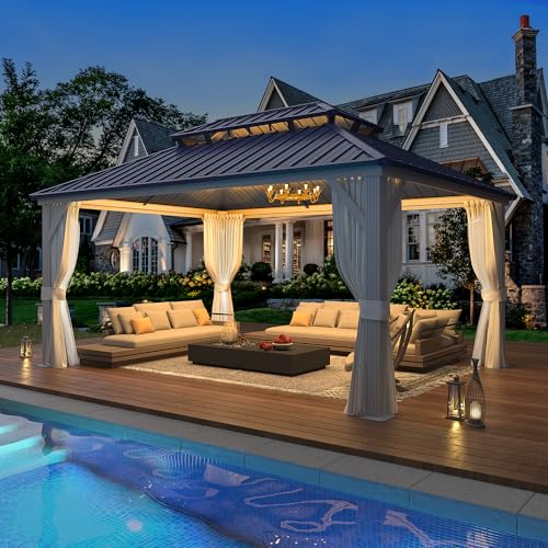 EROMMY 14'x20' Hardtop Gazebo Double Roof Galvanized Steel Canopy Outdoor Aluminum Frame Permanent Metal Pavilion with Netting and Curtains for Patio Backyard Deck and Lawns