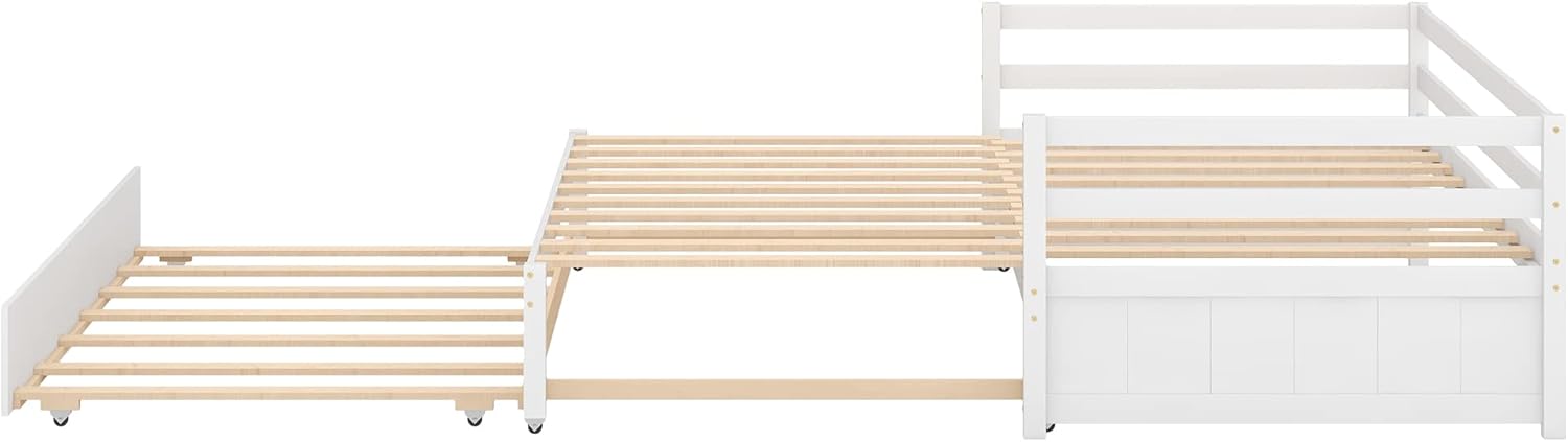Extendable Daybed with Trundle, Wood Twin to Double Twin Daybed with Pull Out Trundle, Trundle Daybed for Kids Teens, Extending Sofa Bed for Living Room, Bedroom, Guest Room,White