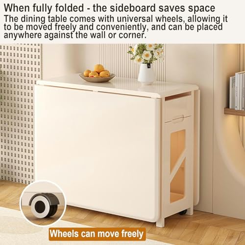 White Folding Dining Table, Wooden Drop Leaf Kitchen Table with 4 Brake Wheels, Drawers, Storage Cabinet, Expandable Space Saving Dining Room Table for Small Spaces, 140CM