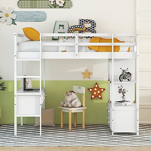 Twin Loft Bed, Saving Space Beds Frame with Desk, Storage Shelves, Drawers, Ladder, Guardrail, Solid Wood Loft Bed, Bedroom Furniture for Living Room Kids Teens Bedroom