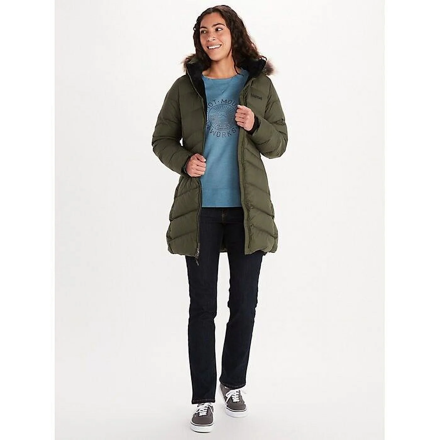 MARMOT Women's Montreal Hooded Faux-Fur-Trim Coat Olive Green Size XL MSRP $300