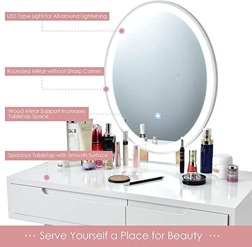 LDAILY Vanity Table Set with 3-Color Lighted Dimming Mirror, Wooden Makeup Table with Cushioned Stool & 2 Sliding Drawer, Touch Screen, Modern Bedroom Dressing Table for Women, Girl (White)