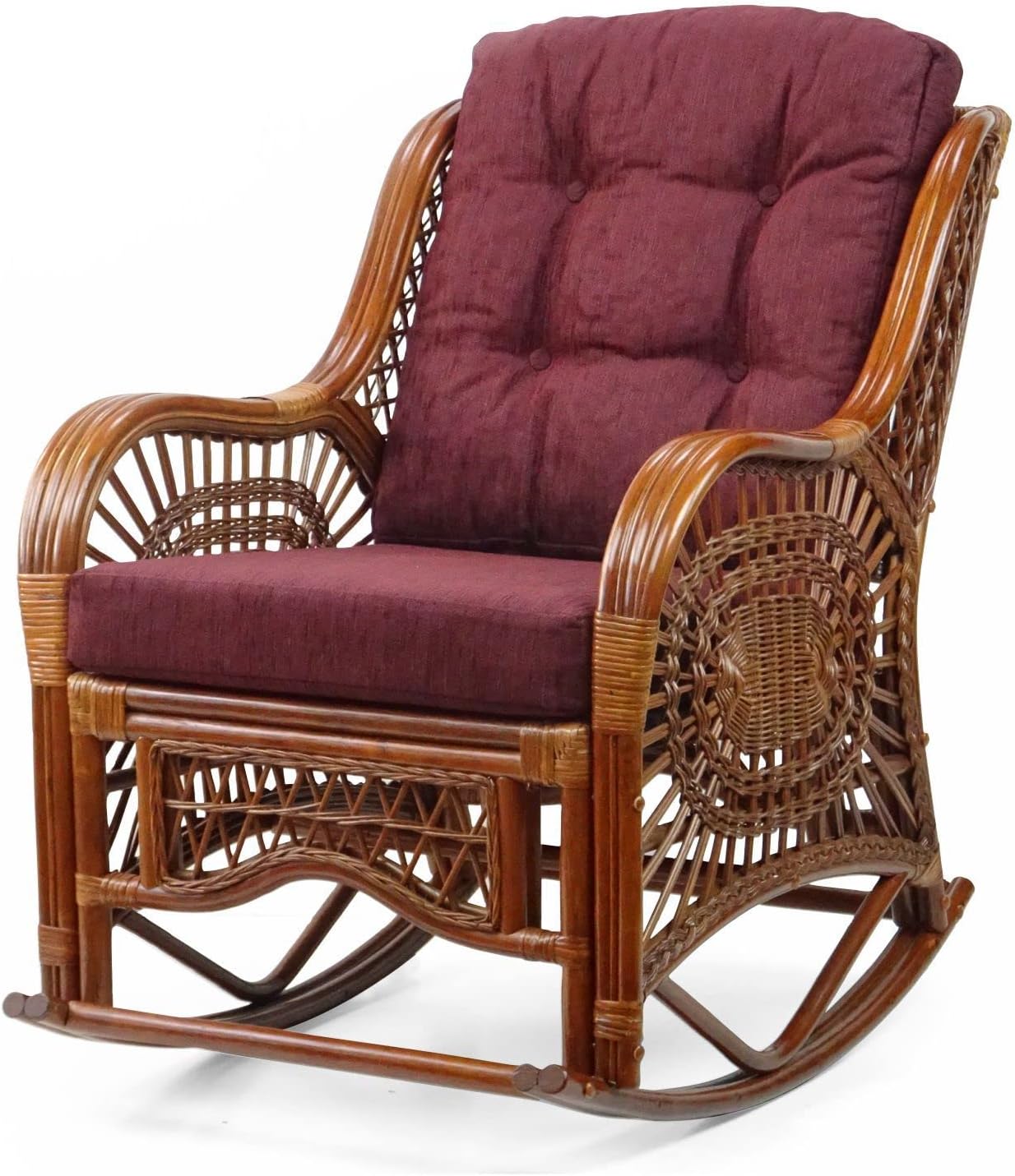 Wickerix Malibu Handmade Natural Rattan Living Room Set of 2 Rocking Lounge Chairs with Dark Brown Cushions and Round Coffee Table with Glass Colonial (Light Brown Color)