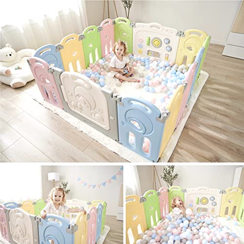 Fortella Cloud Castle Foldable Playpen, Baby Safety Play Yard with Whiteboard and Activity Wall, Indoors or Outdoors (Gray, 14 Panel)