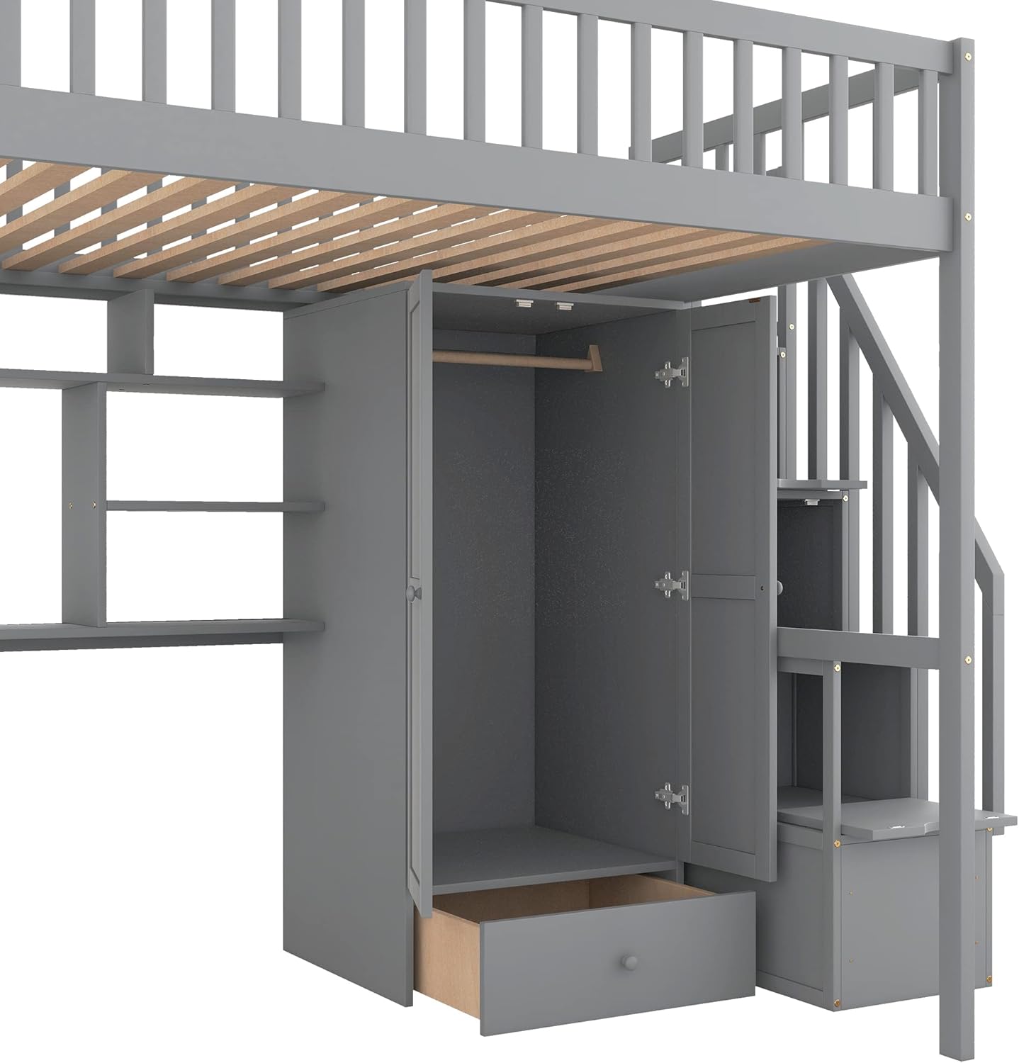 Harper & Bright Designs Full Size Loft Bed with Stairs, Desk, Bookshelf, Storage Drawers and Wardrobe, Solid Wood Loft Bed Frame for Kids Teens Adults (Gray)
