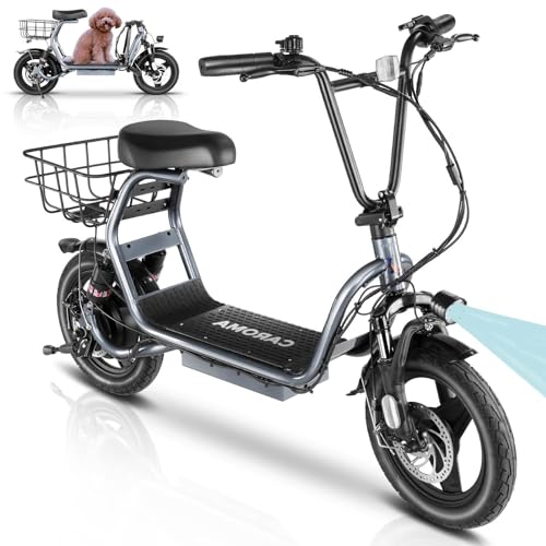 Caroma Peak 500W/800W/1200W Electric Scooter with Seat, Max 15/20/30Miles Range&20MPH, 14" Tires Foldable Adult Electric Scooter with Basket for Pets & Cargo, Dual Shock Absorbing Ebike for Commuting