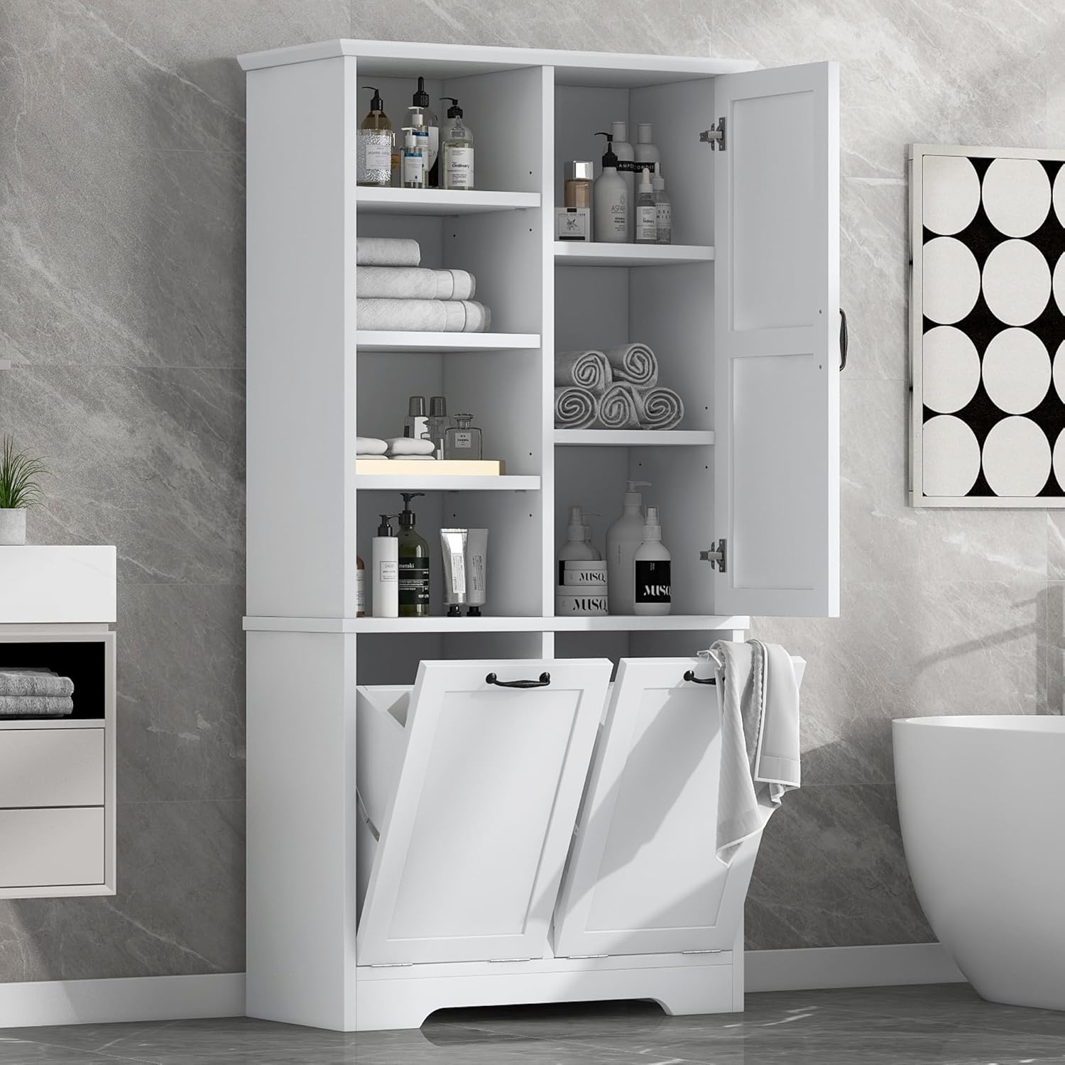 Merax Bathroom Storage Cabinet with Laundry Hamper, Open Shelf, Tall Freestanding Organizer for Home, White