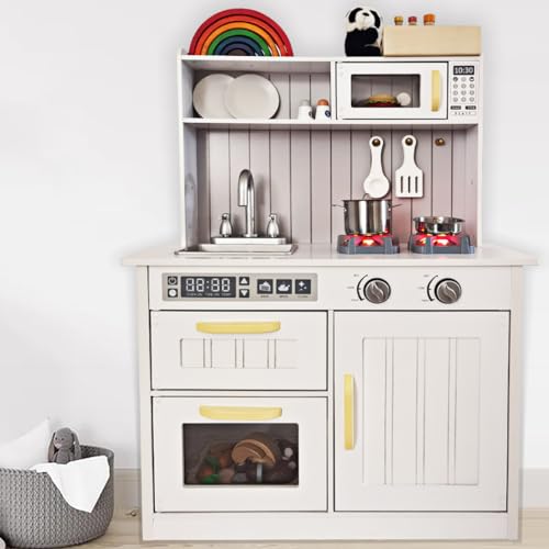 Kids Kitchen Playset,Children Play Kitchen for Toddler,Baby Toy Kitchen Set,Pretend Wooden Kitchen,Birthday Gifts with Play Sink Toy,Lights Sounds, Cooking Set for Kids Ages 1+Boys Girls