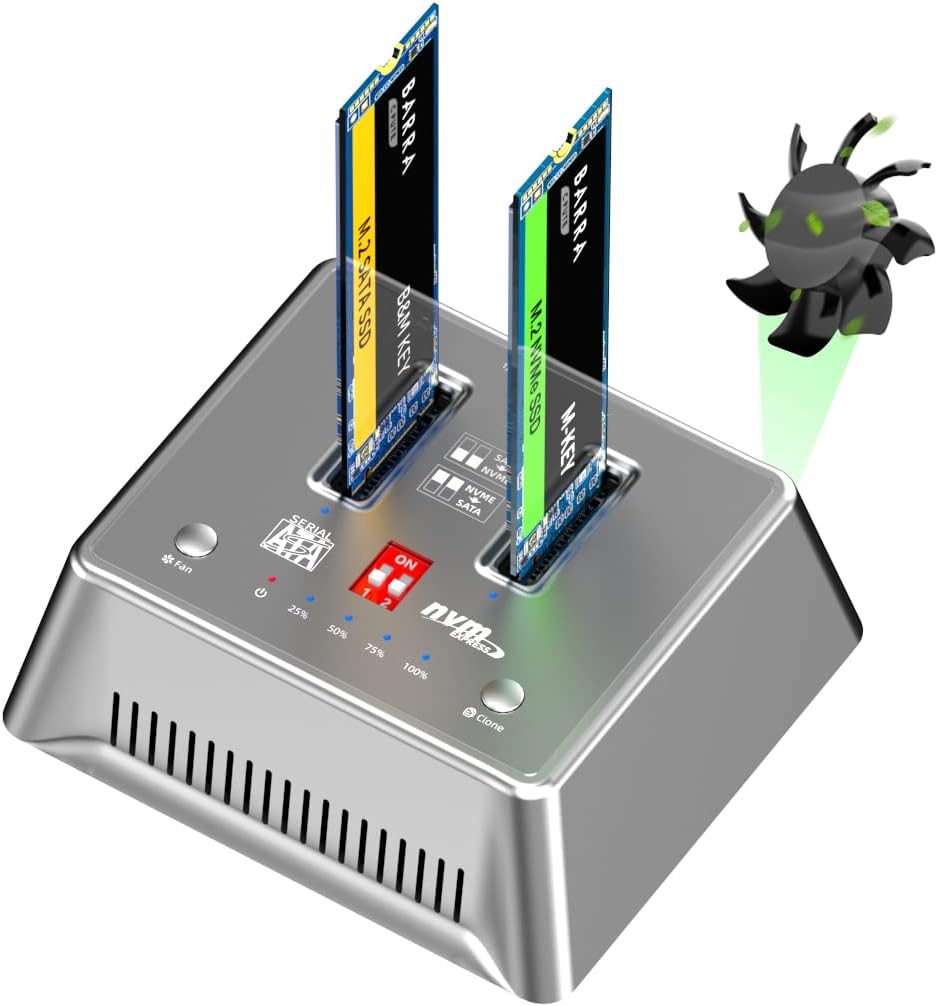 Dual-Bay NVME/SATA Docking Clone Hard Drive SSD Enclosure for B+M Key PCIe M.2 SSD/M.2 SATA SSD, Support Offline Clone Duplicator Function Up to 10Gbps(SSD NOT Include) -AJM2SPC