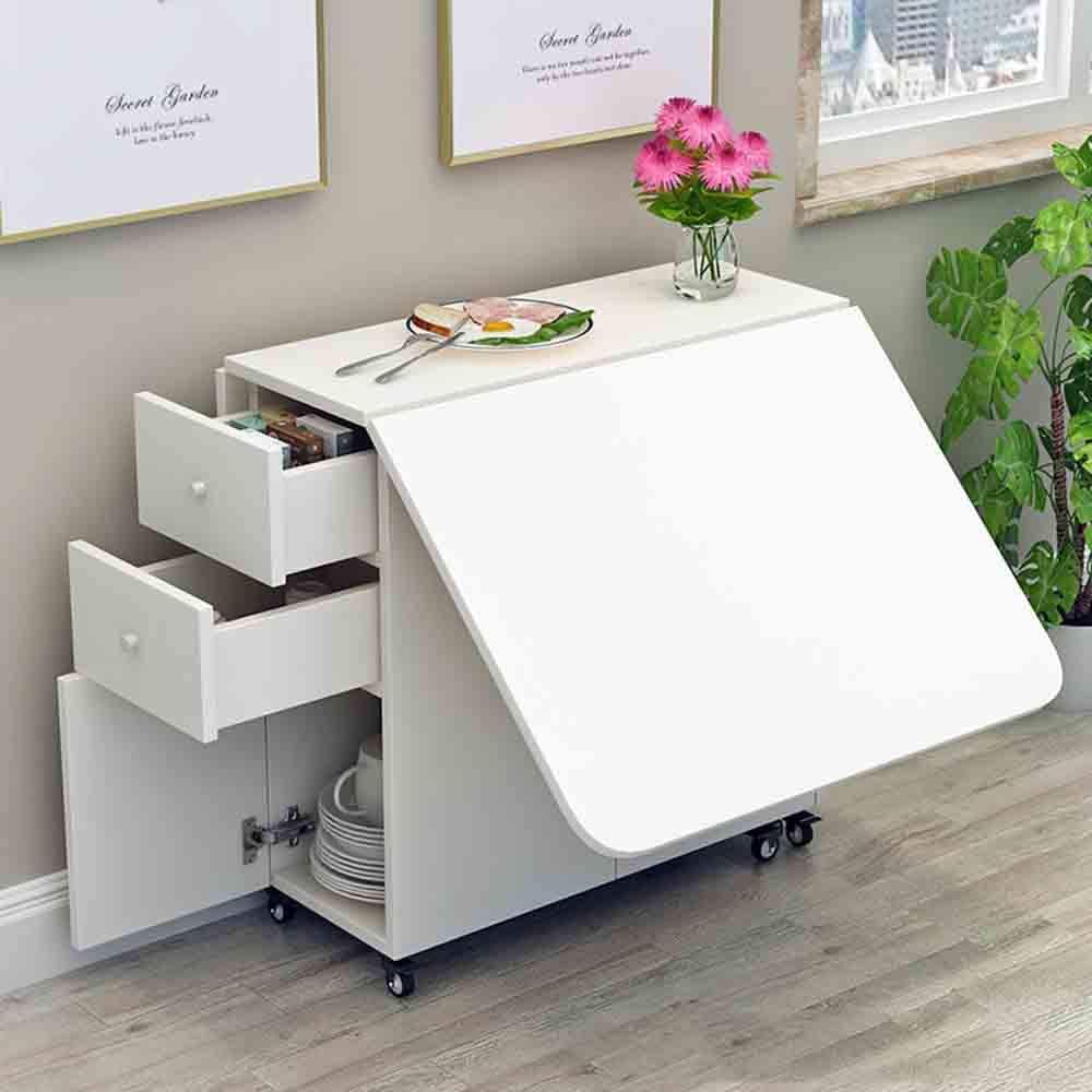 MaGiLL Drop Leaf Kitchen Table with Round Edge,Movable Folding Dining Table,Multifunctional Extendable Dining Table,Storage with Drawer,for Dining Room (A)