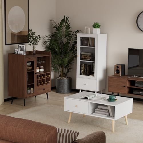 Cozy Castle Coffee Bar Cabinet with Storage, Mid-Century Modern Buffet Sideboard with Acrylic Door, Small Wood Storage Cabinet with Adjustable Shelves, Cupboard for Kitchen, Dining Room, Brown
