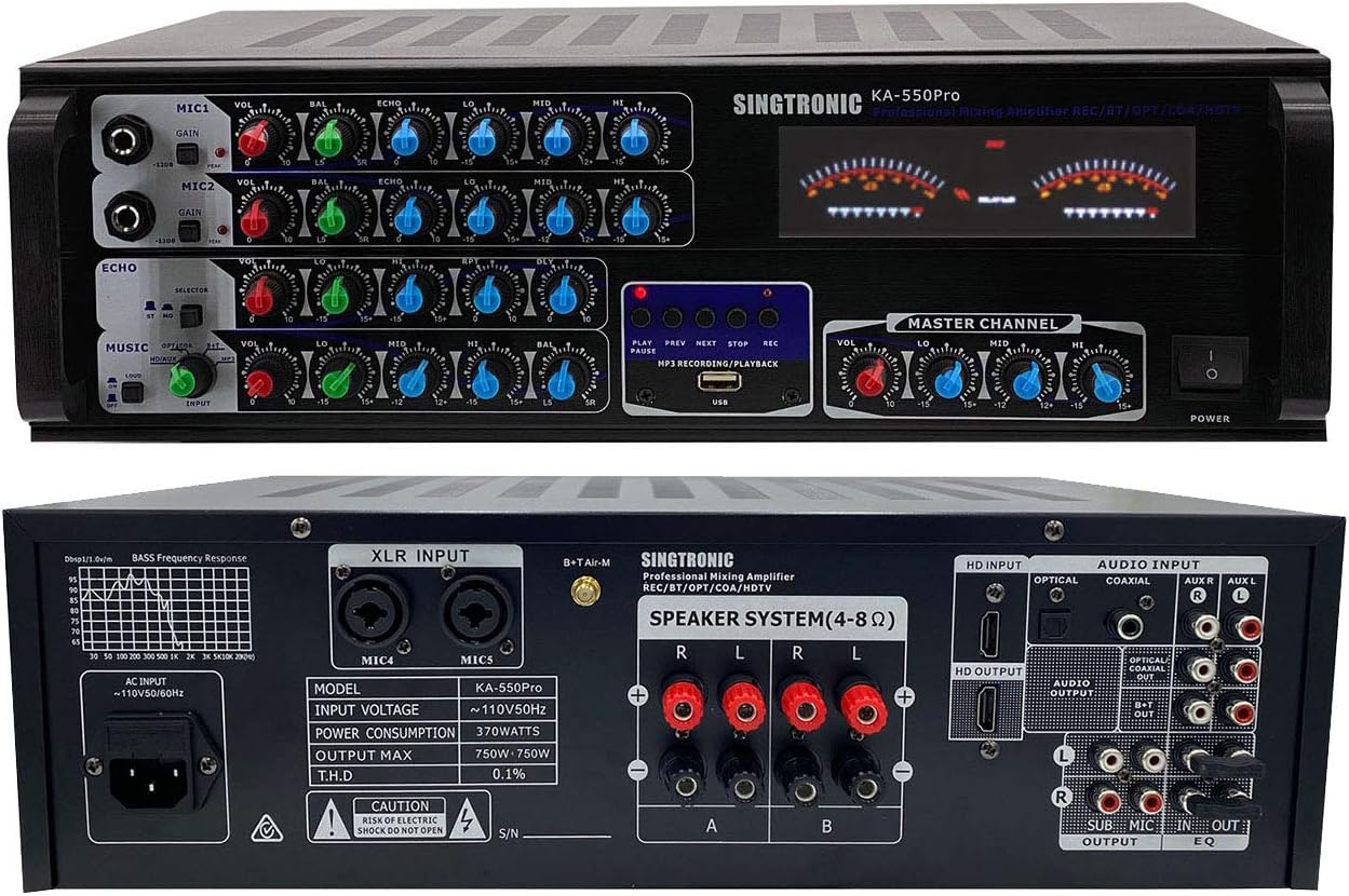 SINGTRONIC KA-550Pro Professional 1500W Mixing Amplifier Karaoke, Built in Voice Recording Function, Bluetooth Function ( Connect to Smart Devices to Sing on YouTube), Optical/Coax Inputs