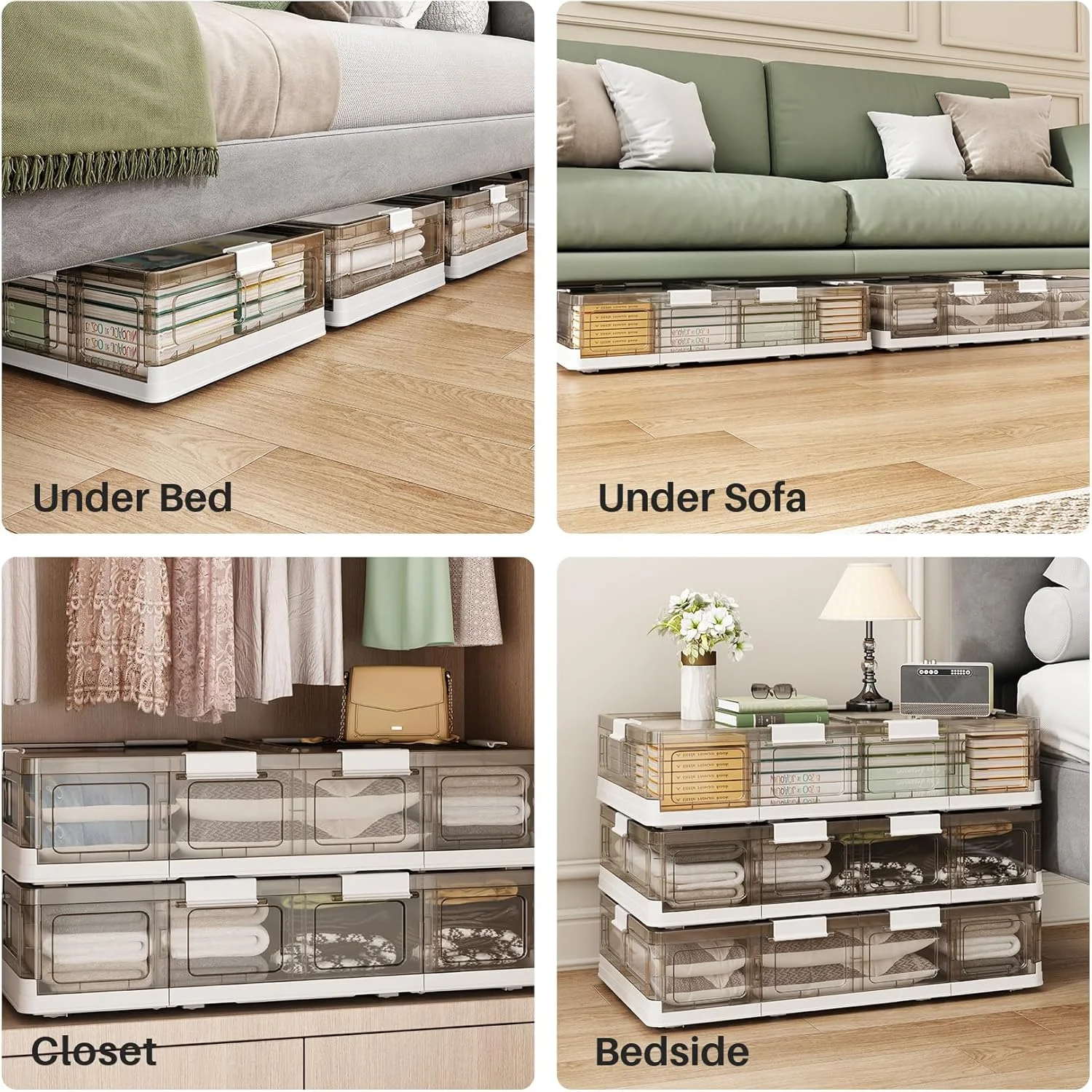 Plastic Under Bed Storage Containers,2 Pack Underbed Storage with Wheels,Foldable and Stackable Under Bed Organizer,Moisture and Dust-proof Storage Boxes for Clothes Shoes,13.6 Gal