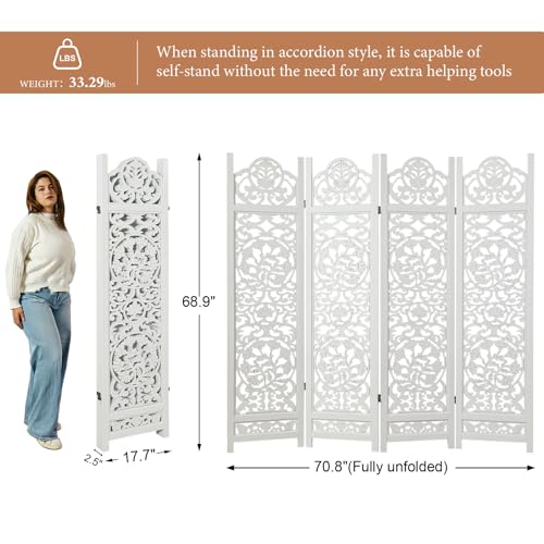 5.75Ft Room Divider Wood Carved Wall Divider Indoor Folding Portable Partition Screen for Home Office Garden Terrace - 4 Panel (Antique Brown)