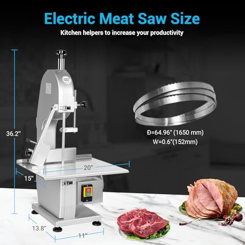 1500W Electric Meat Bone Saw Machine Commercial&Home Use Food Grade Cutter 0.6-5.9”Thickness, Butcher Band Saw Cutting Frozen Meat into Slice 20x15”Work Table for Chicken Fish Beef Bread