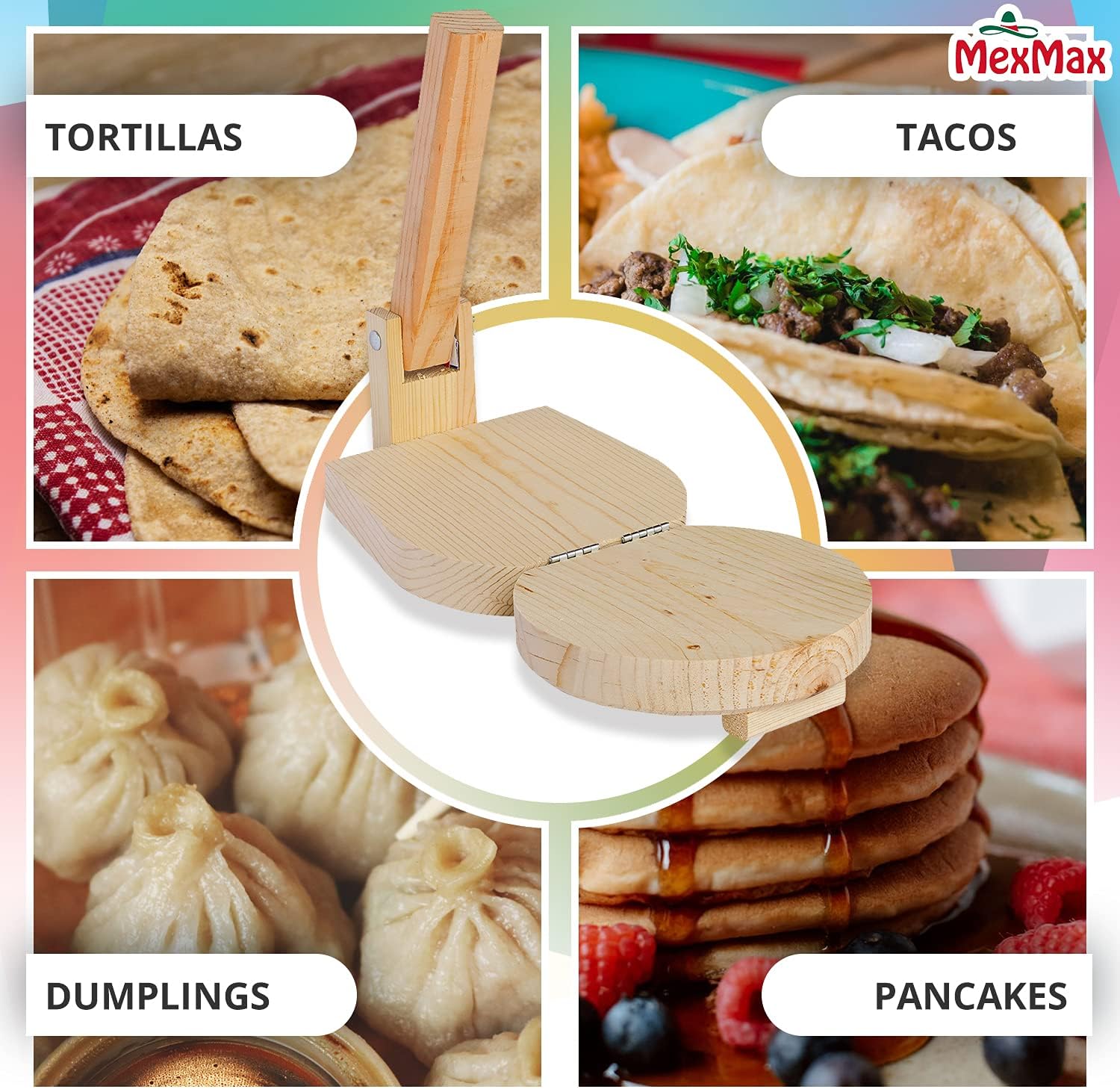 CHAMPS 9 Inch Wooden Tortilla Presser to Make Thin and Flat Discs for Homemade Mexican Tortillas, Dumpling, Roti or Empanadas - Round Prensa de Tortilla de Madera for Your Home and Business