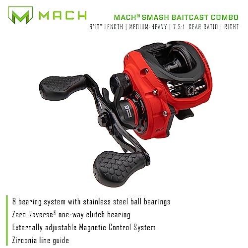 Lew's MACH Smash Baitcast Reel and Fishing Rod Combo, IM6 Graphite Blank Fishing Rod, Split Grip Winn Dri-Tac Handle, Fluorescent Red